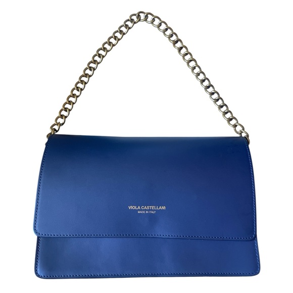 Viola Castellani Handbags - Viola Castellani Italy Navy Blue Leather Flap Over Gold Chain Clutch Purse